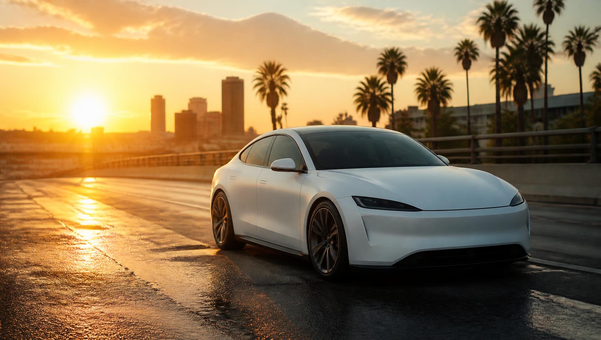 Electric sedan on a lift for tire service at Ron's Tire & Wheel in Los Angeles