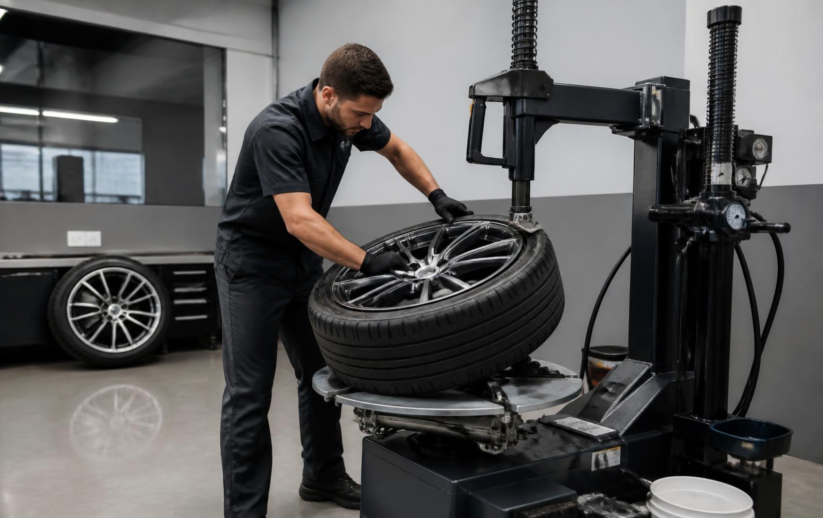 Technician mounting a tire in the Ron's Tire & Wheel service bay